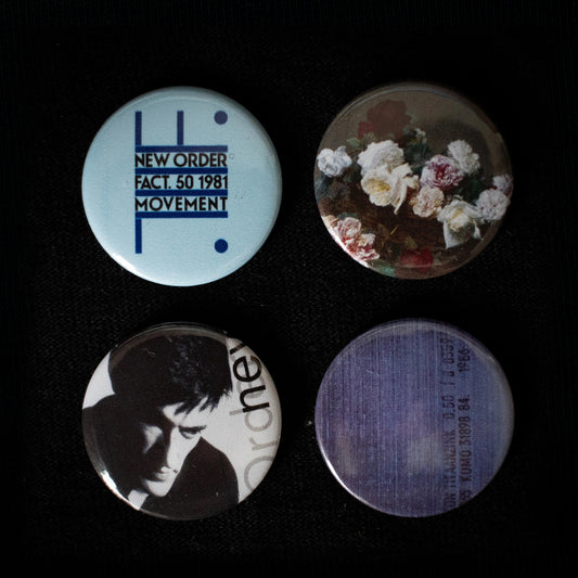 New Order / Album button badges / The first four - Movement, Power & Corruption, Low-Life, Brotherhood